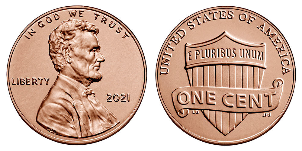 2021 Lincoln Shield penny obverse showing Lincoln portrait and 2021 date with no mint mark