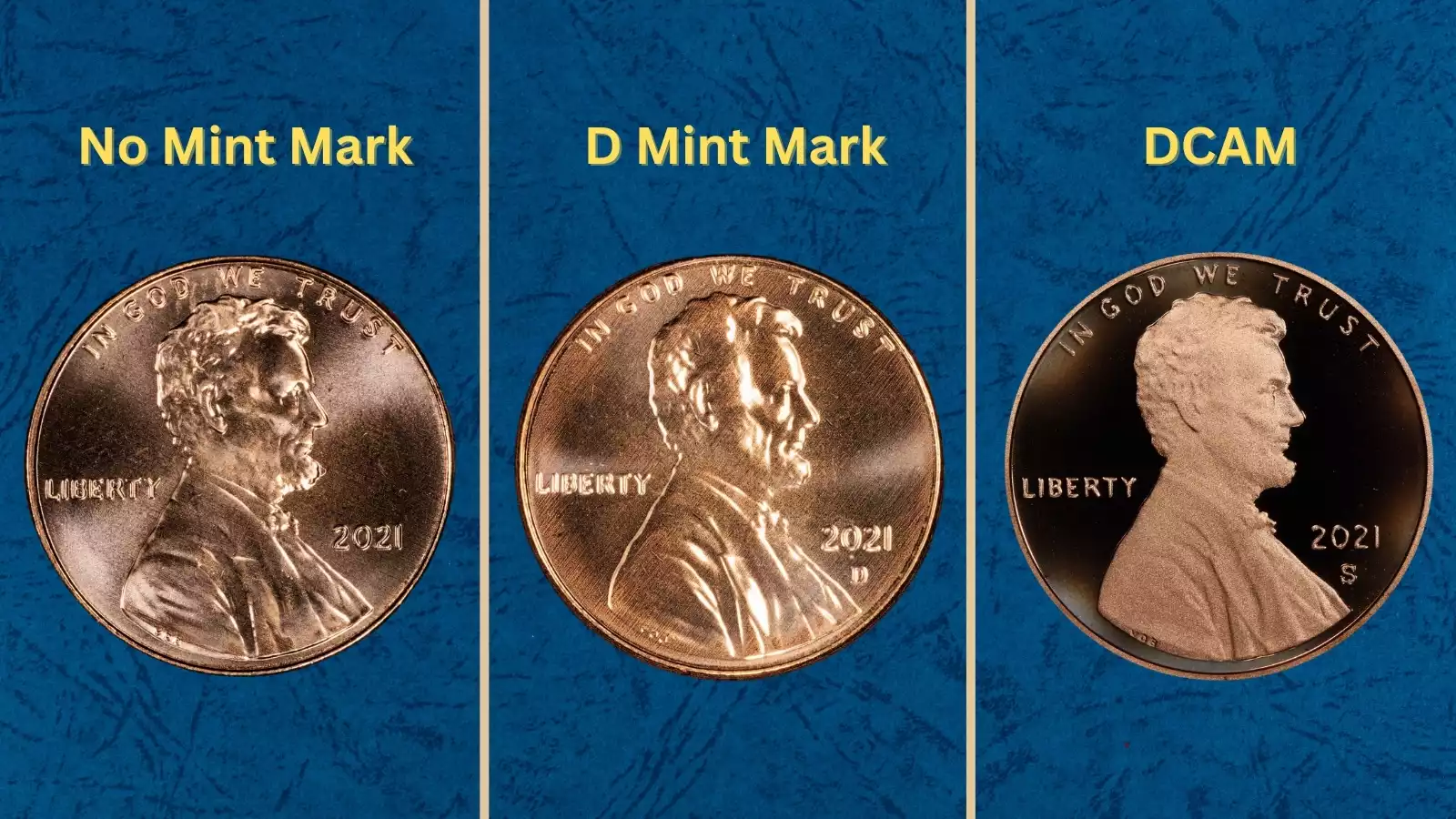 Group of 2021 Lincoln Shield pennies showing range of conditions from circulated to gem uncirculated